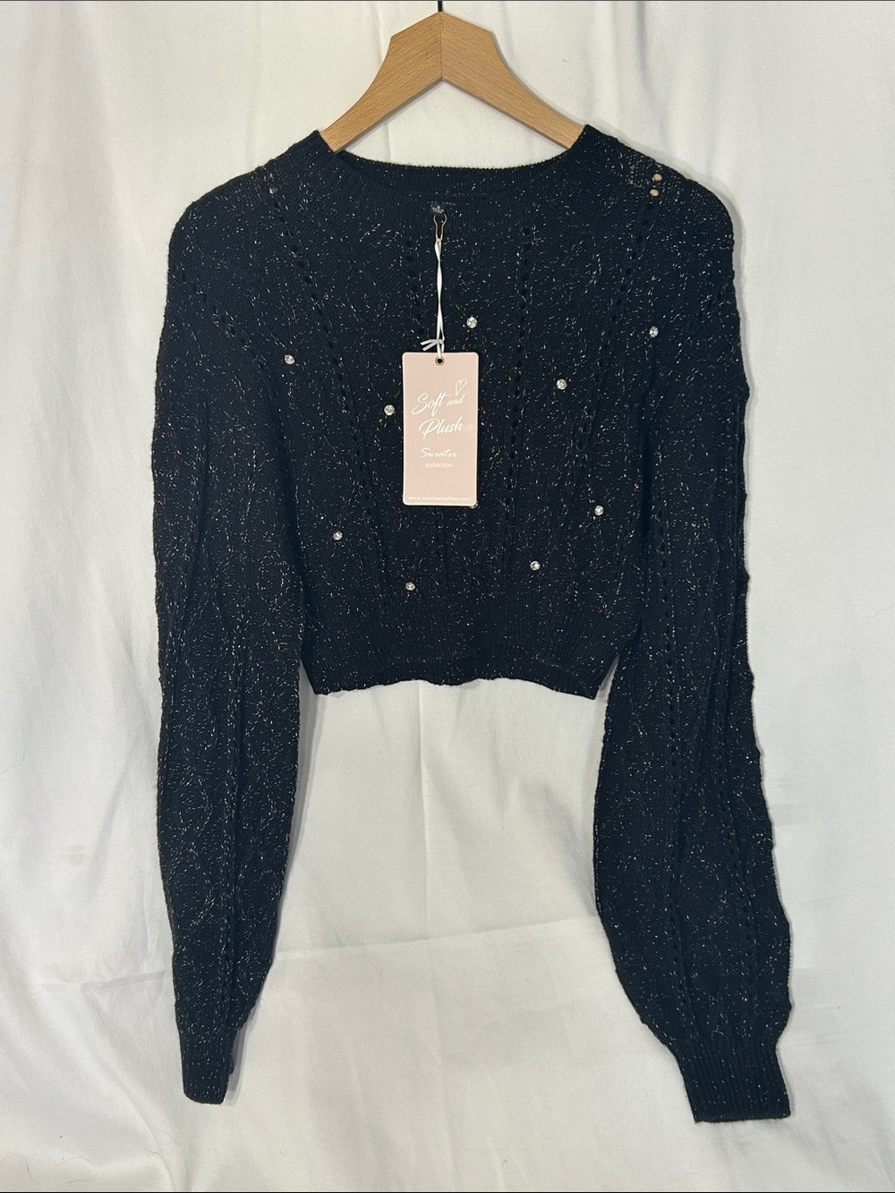 Love Tree Black Sparkle Cropped Pearl-Embellished Sweater
